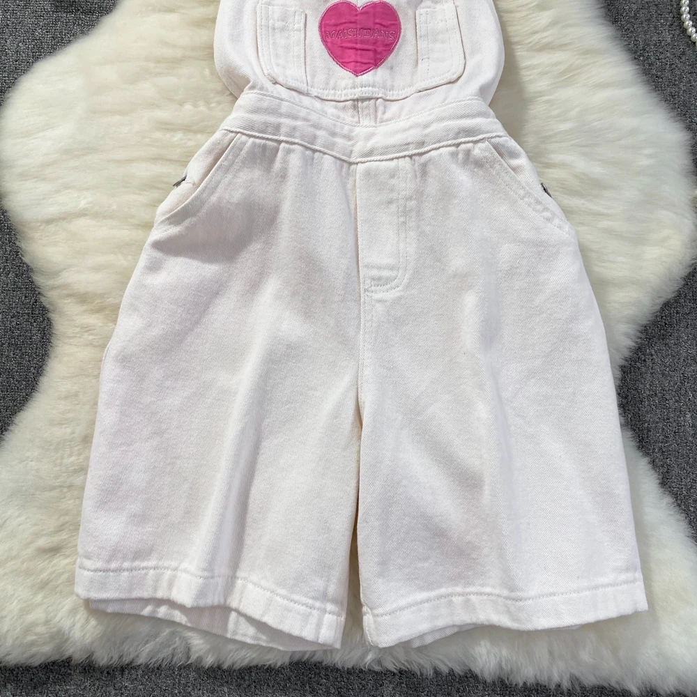 Clothland Women Sweet Heart Print White Playsuit Adjustable Straps Pockets Overall Suspender Trousers Cute Jumpsuit KA334