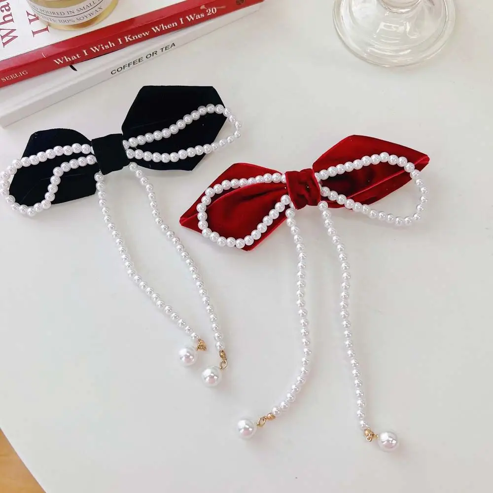 

High-quality bow hairpin large three-dimensional back head spring clip temperament French retro pearl top clip headgear