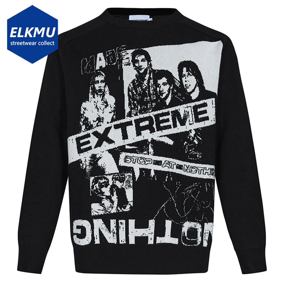 

Свитер мужской в стиле хип-хоп, винтажный вязаный пуловер в стиле Харадзюку, Свободный Повседневный свитер оверсайз, черная трикотажная одежда, Y2K