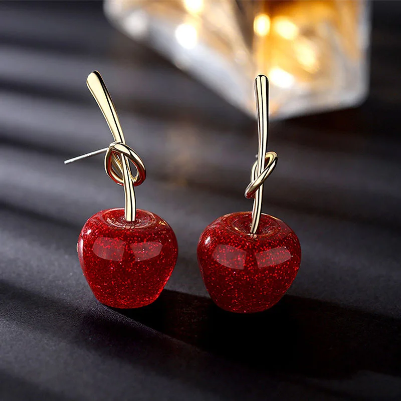 

Korea Needle Red Cherry Earrings Apple Earrings Girl Heart Earrings Personality Forest Fruit Earrings Wholesale cute earrings