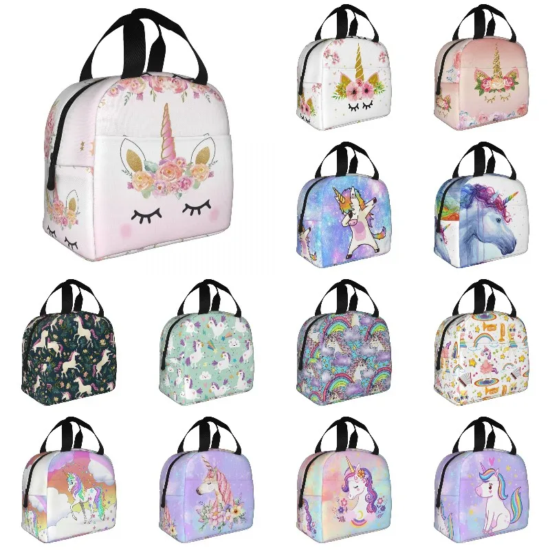 Cute Unicorn Cartoon Pattern Portable Lunch Box Women Waterproof Thermal Cooler Food Insulated Lunch Bag School Children Student