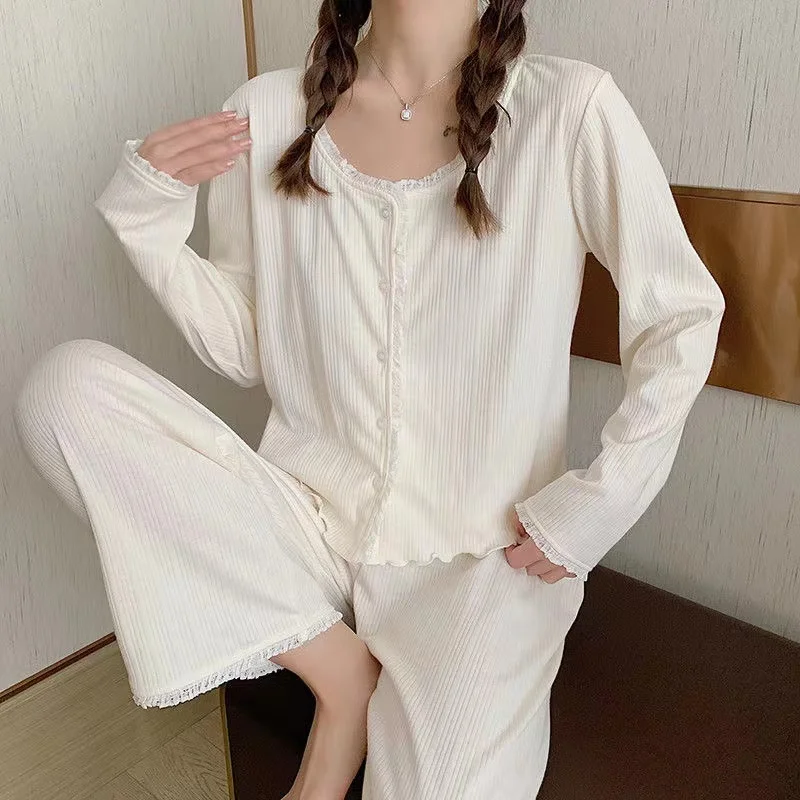 100% Cotton Women's Pajamas Sets Spring Pyjamas Suits 2Pcs Long Sleeves Trousers Comfortable Breathable Lounge Wear Home Clothe