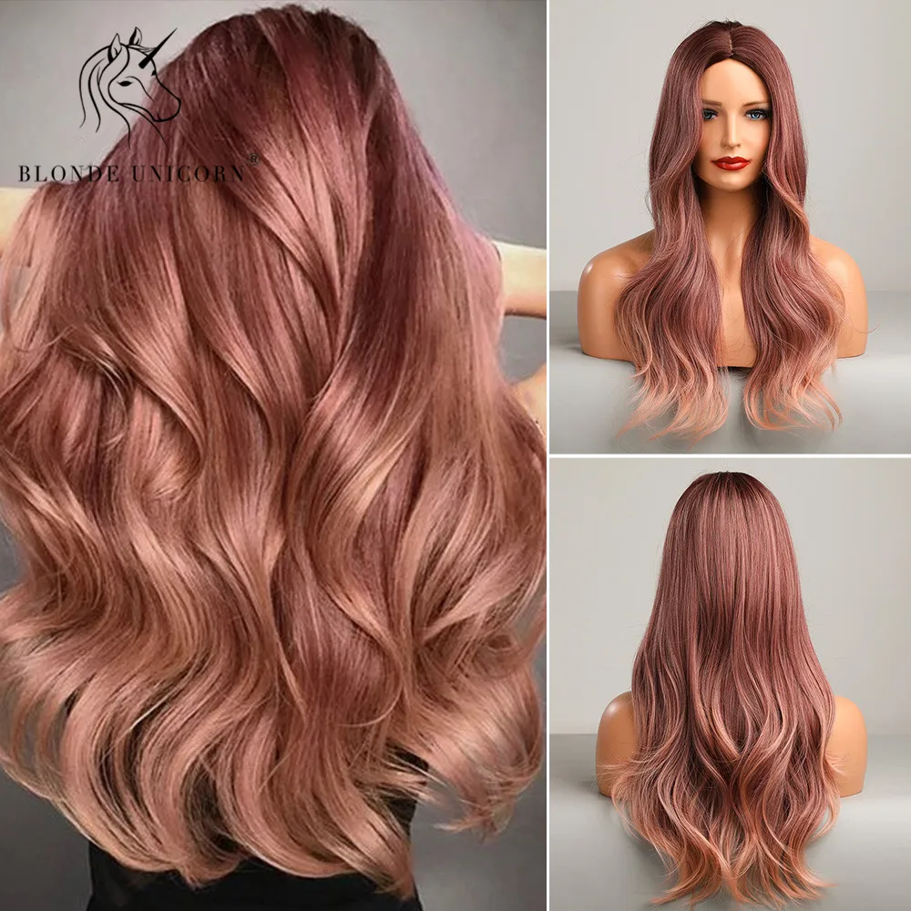 

Blonde Unicorn Synthetic Wig Ombre Pink Orange Long Wigs Middle Part Hair Daily Natural Wavy Heat Resistant Fiber for Women