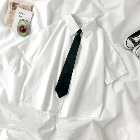 Женские белые рубашки Gidyq, модный галстук, в японском стиле, в стиле преппи, для студентов, однотонные свободные женские универсальные летние топы на пуговицах, Новинка