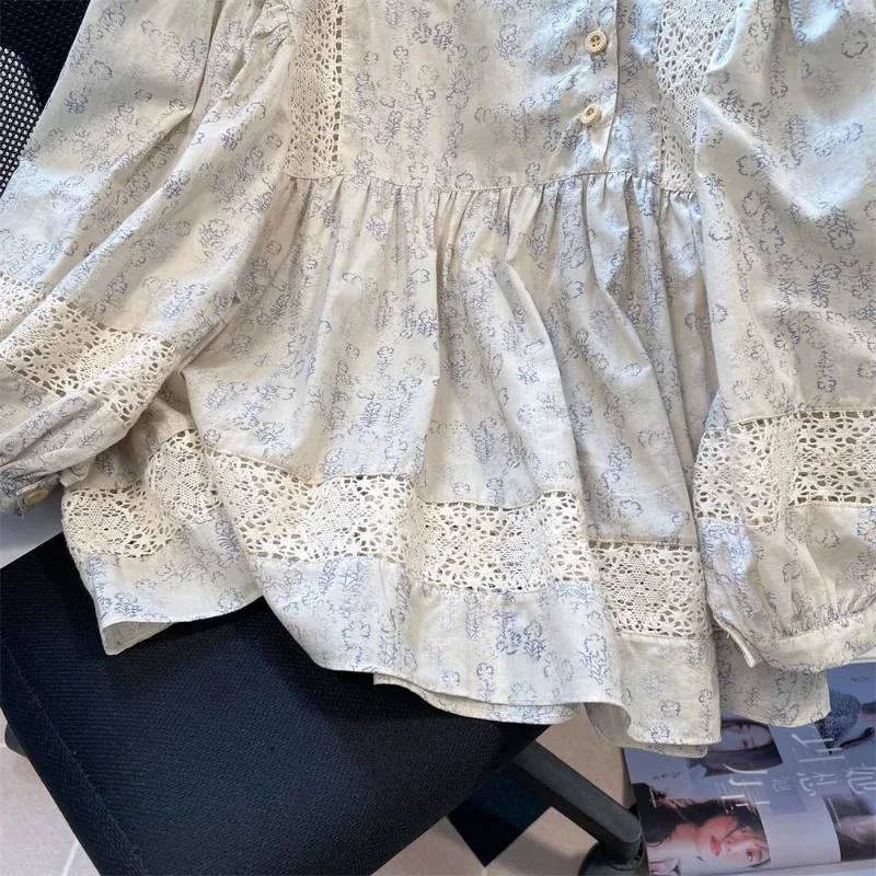 Французские винтажные рубашки кружевные ажурные дизайнерские лоскутные блузки
