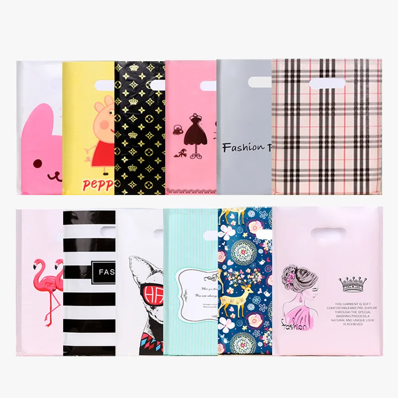 

50pcs/lot Colorful Pattern Gifts Bag With Handles Plastic Shopping Bags Wedding Birthday Party for Guest Packaging Supplies