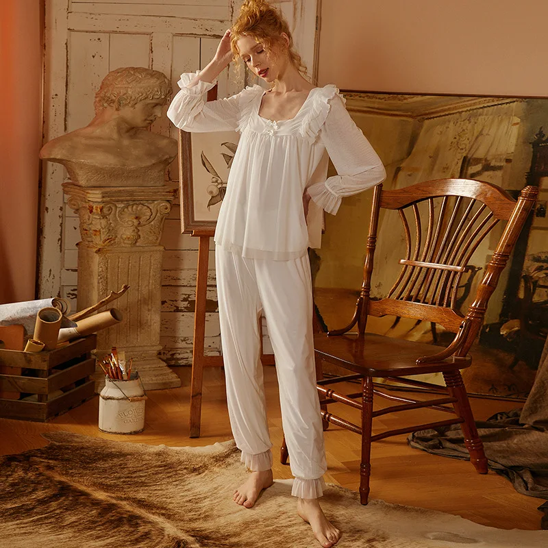 Women's Retro Elegant Square Collar Stringy Selvedge Light Thin Mesh Modal Pajama Sets Comfort Sleepwear Pajamas