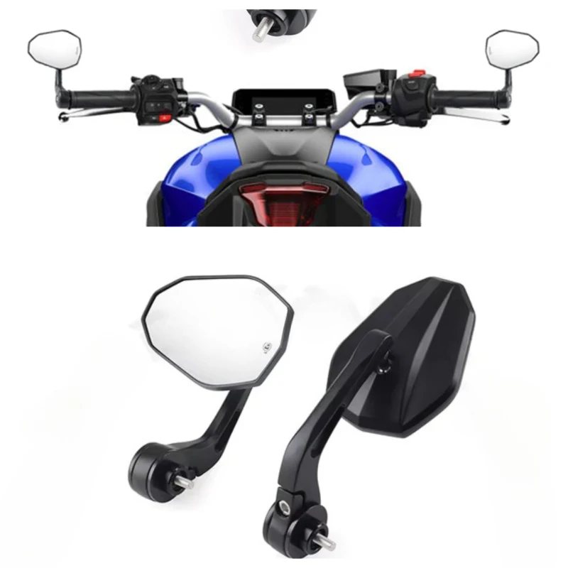 Фото Для мотоциклов YAMAHA MT-07 2025, MT09 2021-2023, FZ, MT07, MT-09 SP: Боковые поворотные зеркала E9 на руль (зеркала на конец руля) №1