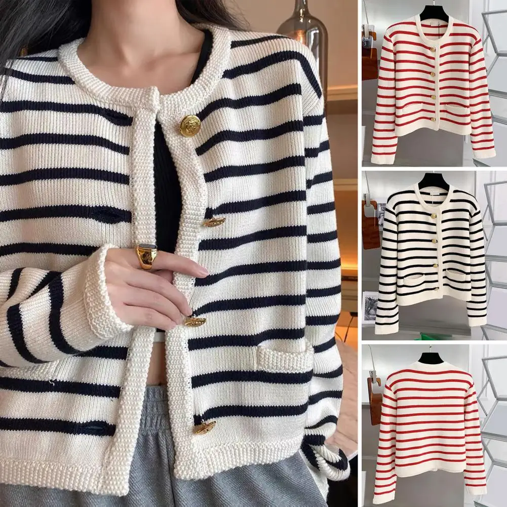 

Женский однобортный свитер в полоску, Свободный теплый свитер контрастных цветов с длинным рукавом, осень-весна