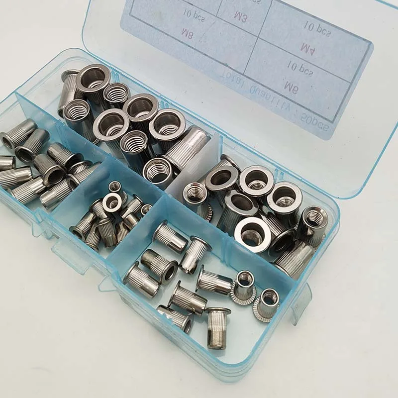 50pcs/set M3 M4 M5 M6 M8 304 Stainless Steel Knurled Nuts Rivnut Flat Head Threaded Rivet Insert Nutsert Cap Nut