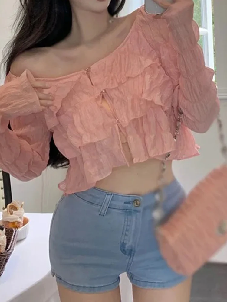 Рубашка женская шифоновая с оборками модная блуза круглым вырезом и длинными