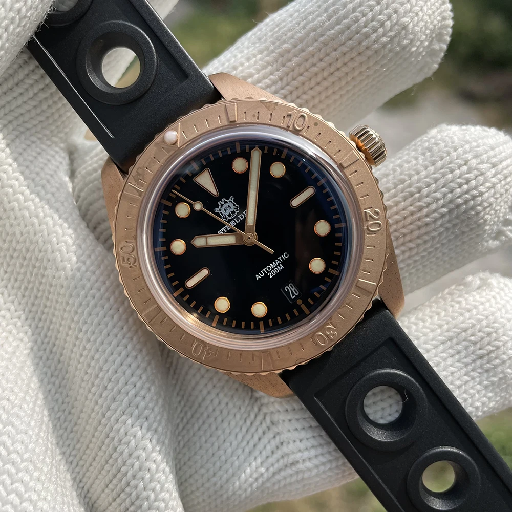 

Мужские часы для дайвинга Steeldive SD1965S, часы с кожаным ремешком, бронзовые Автоматические наручные часы для дайвинга, водонепроницаемые светя...