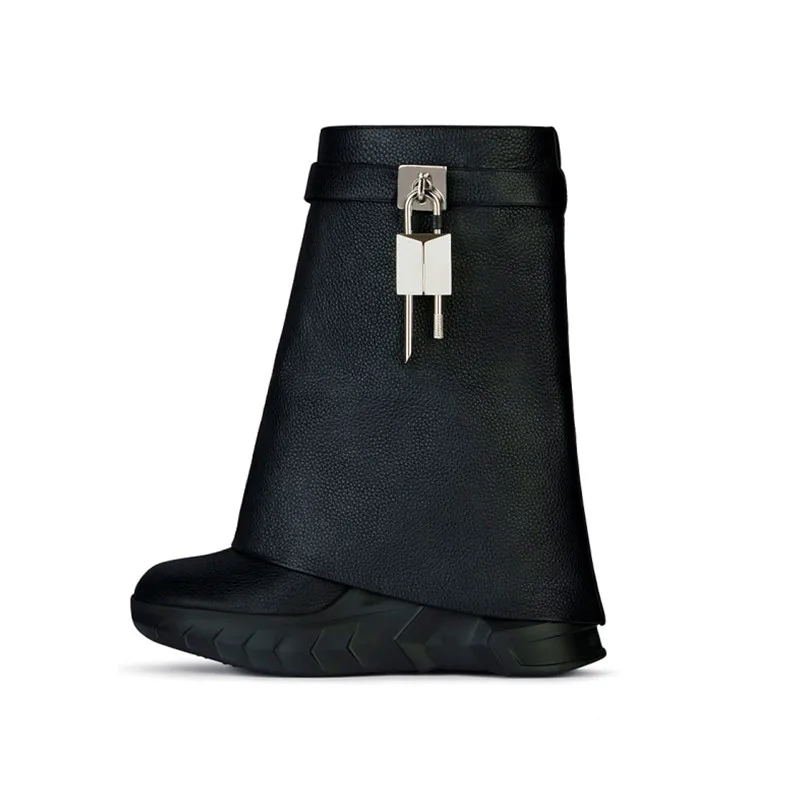 European and American New Thick Soled Leather Boots Women's Slope Heel High Heel Round Head High Shark Boots Knee High Boots