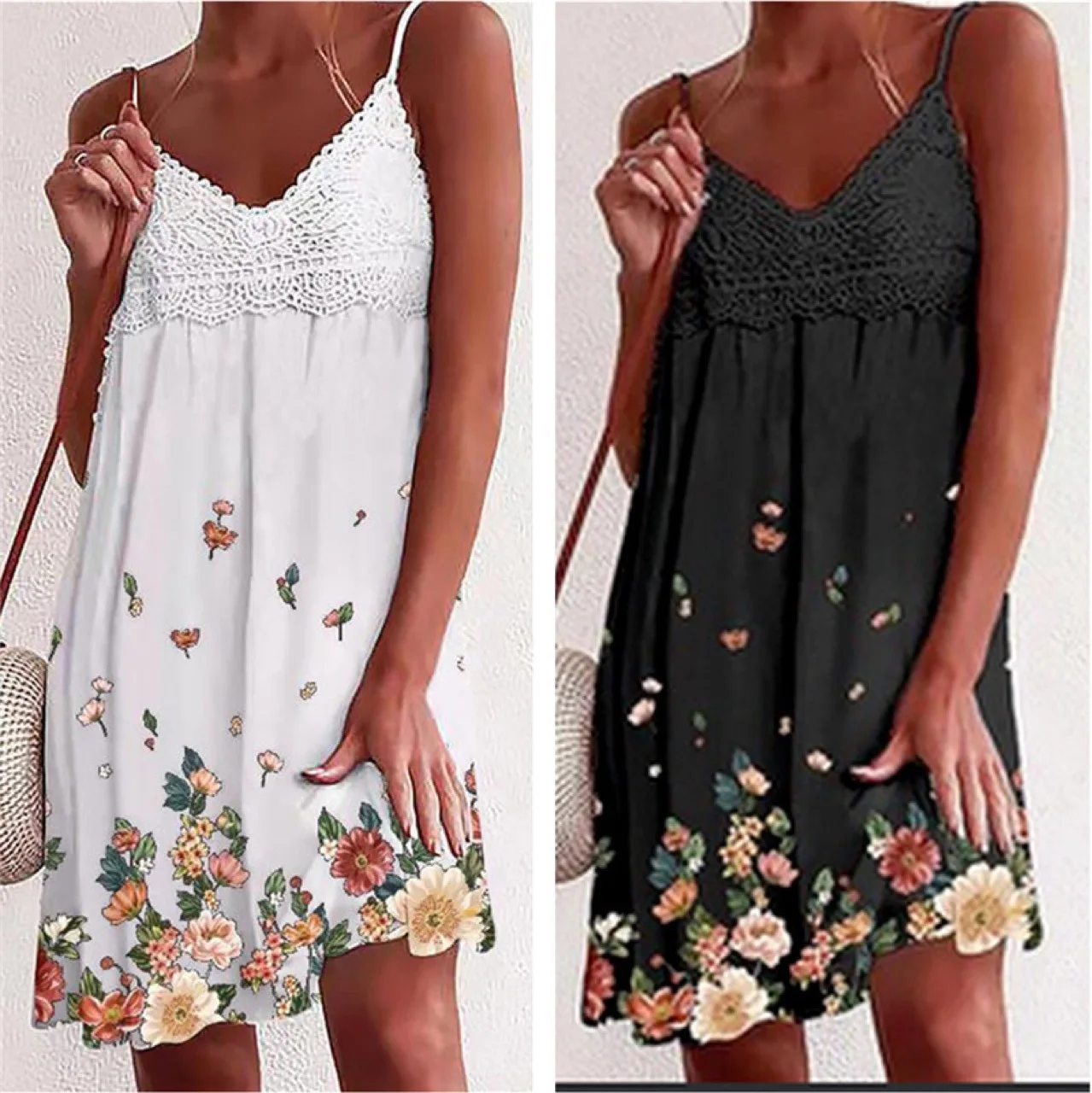 

Women Sexy Lace dresses V-neck Sleeveless floral Dress Summer Beach Holiday Mini Beach Sundress Bohemian