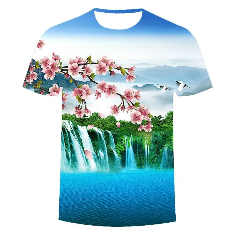

Summer New 2022 Green Mountains and Green Water 3D Printing Men's and Women's T-shirt Fashion Casual Short-sleeved