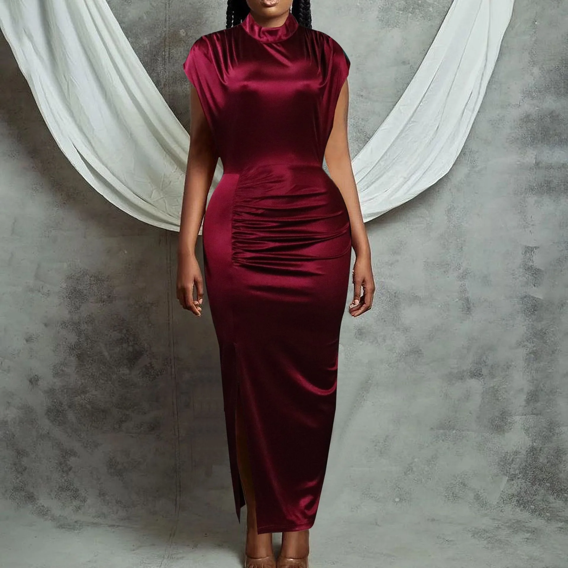 

Zoctuo Dress Party Split Pleated Women's Dresses 2022 Night Elegant Long Vestidos Skirt Wine Red Bodycon Slim Outfit Street Club