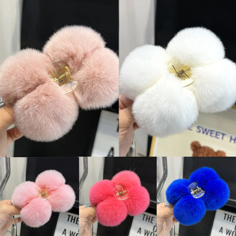 

Pompom Faux Fur Hair Claws Plush Hairball Hair Clip Solid Color Shark Clip Fluffy Hairpins Geometry Barrettes Hair Accessories