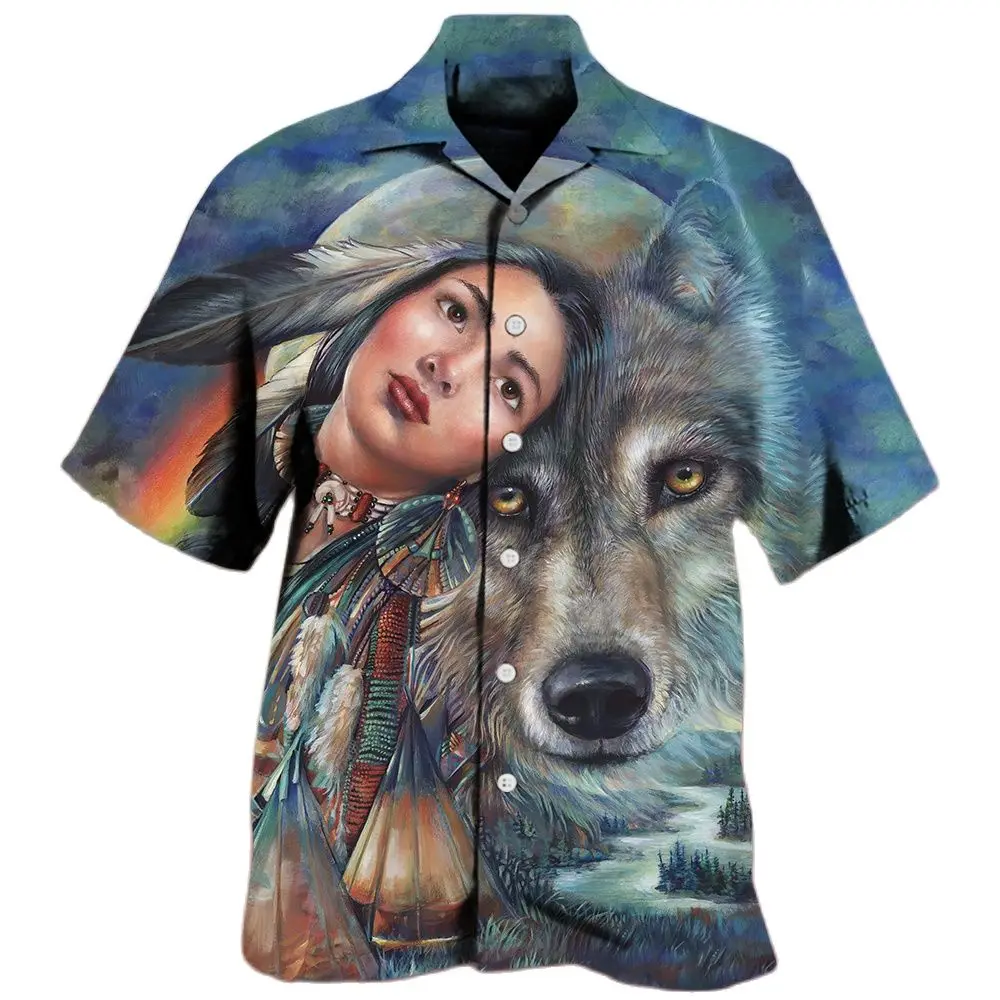 Fashion Beauty Print Shirts For Men Summer 3D Wolf Graphic T Shirt Street Hip Hop Harajuku Lapel Shirts Oversized Cardigan Tops