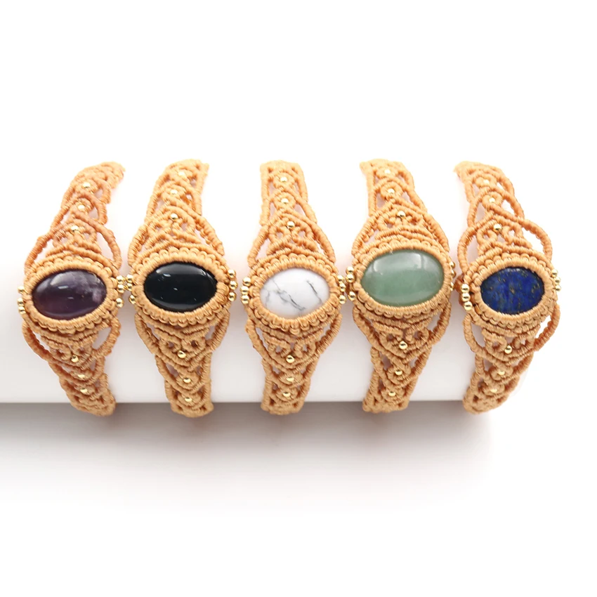 

Овальный браслет с кристаллами, плетеный шнур, натуральный камень, кабошон, аметист, черный агат, винтажные регулируемые браслеты для женщи...