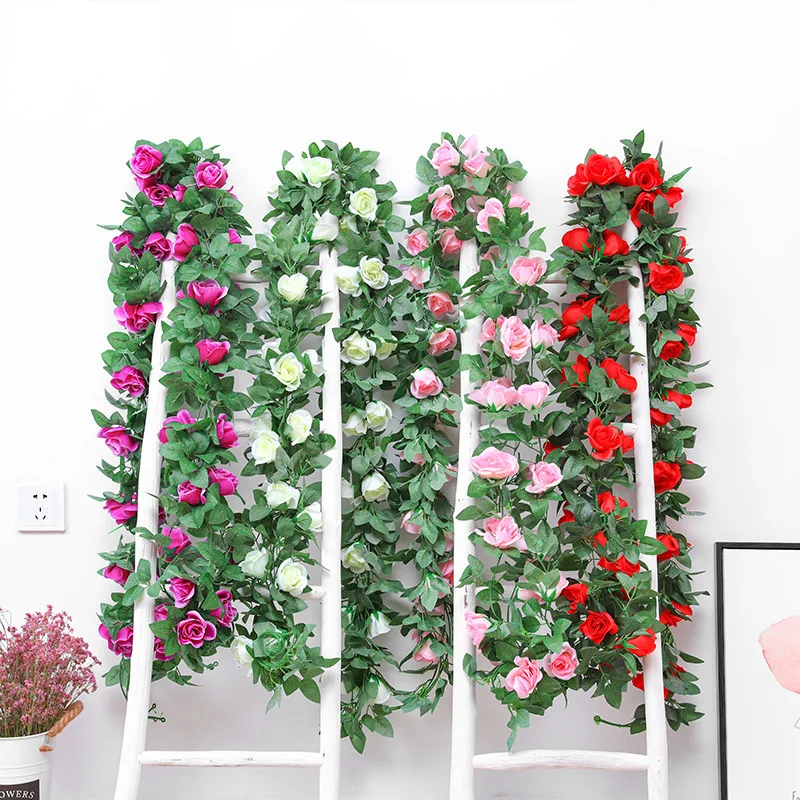 

2.4m Silk Artificial Roses Flowers Rattan String Vine with Green Leaves For Home Wedding Garden Decoration Hanging Garland Wall