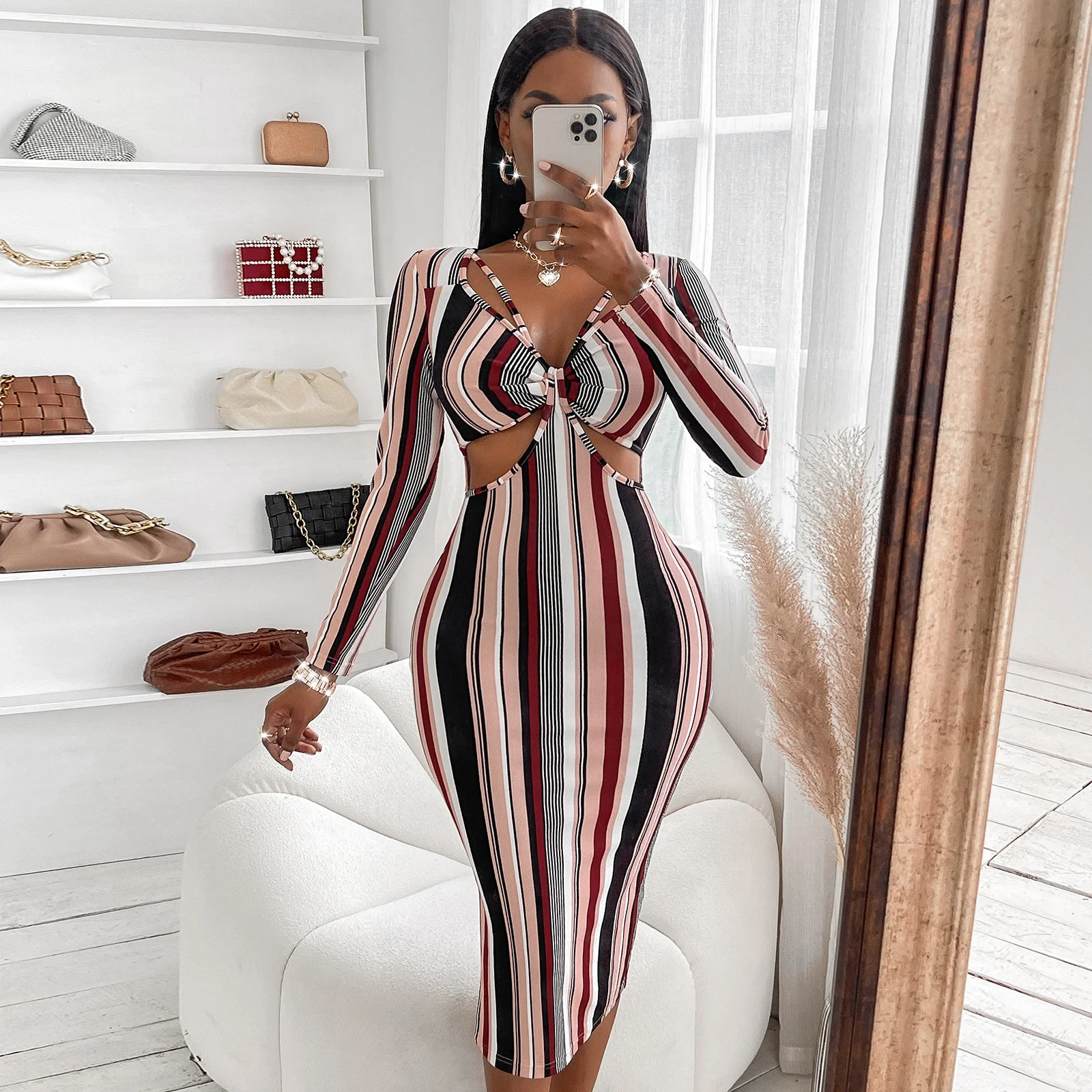 

Women's 2022 summer new chest wrapped stripe long sleeve dress long skirt