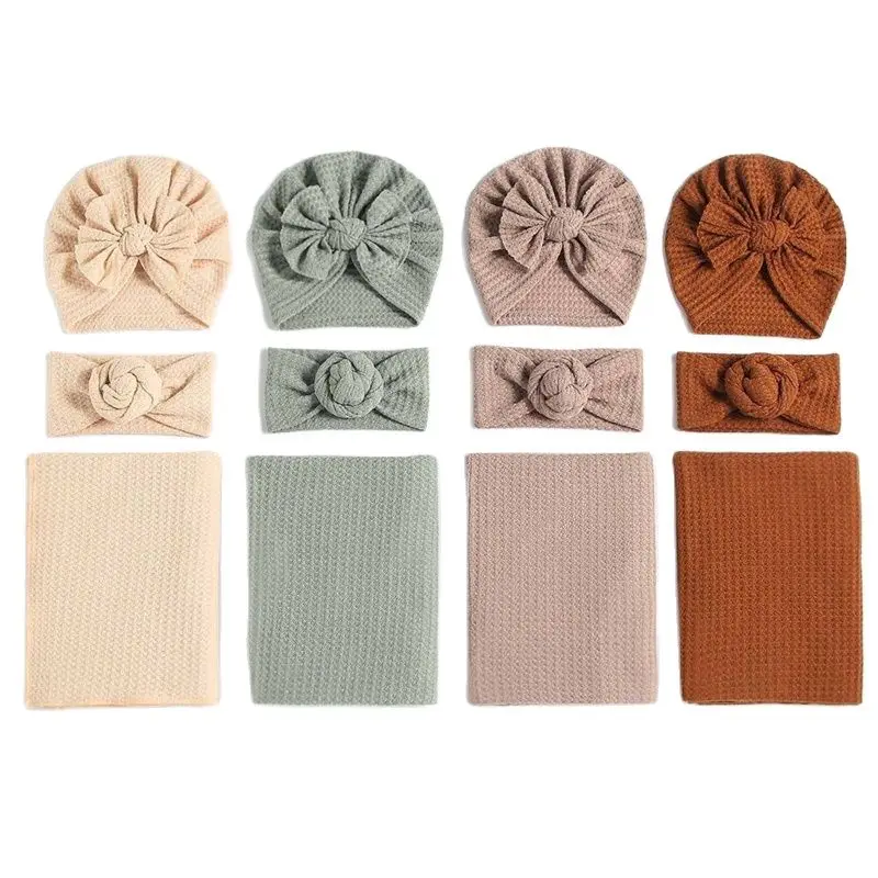 

3pcs Baby Blanket Newborn Baby Hat Turban Set Cotton Swaddle Receivie Blanket Kids Headband Photograph Props Baby Accessories
