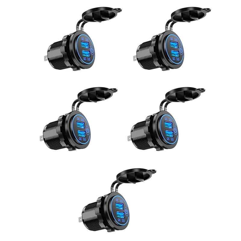 

5X Quick Charge 3.0 Dual USB Car Charger 12V 36W USB Fast Charger With Switch For Boat Motorcycle Truck Golf Cart Blue