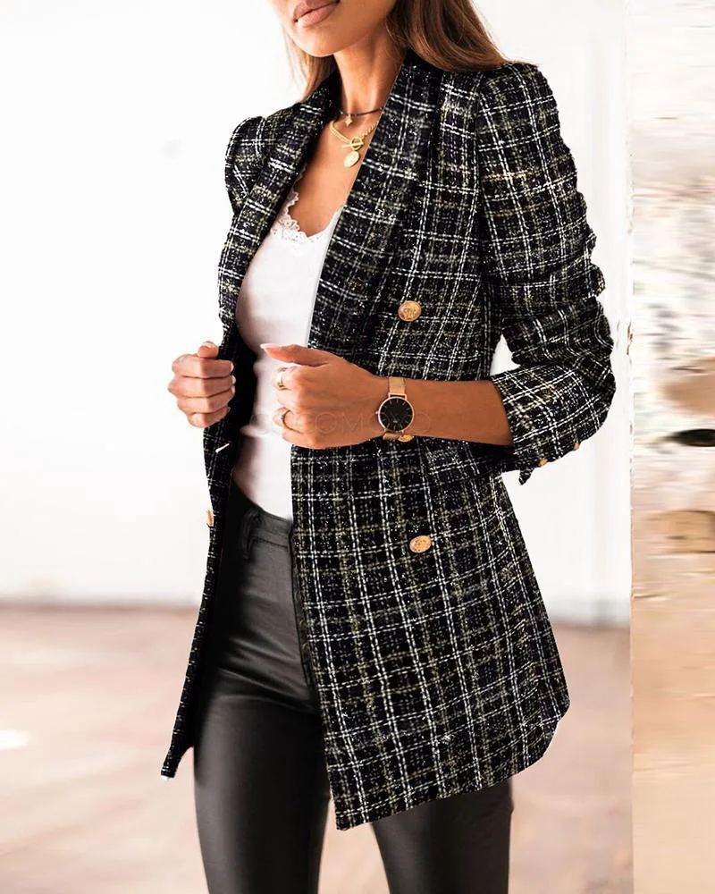 

2021 New Suit Coats Women's Long Sleeve Plaid Blazer Jacket Casual Double-breasted Autumn Blazer Office Lady Elegant Outwear