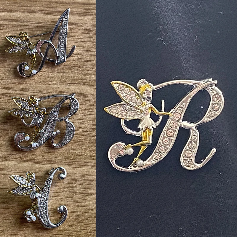 

New Women Girls A-Z 26 Letters Fashion Flower Fairy Brooches Metal Crystal Brooch Pin Lovely Fairy Wing Brooch Pins Jewelry