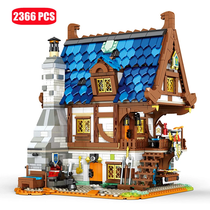 

Medieval Town Blacksmith Shop Model Creative Building Blocks City Retro Castle House Architecture Bricks Toys For Children Gifts