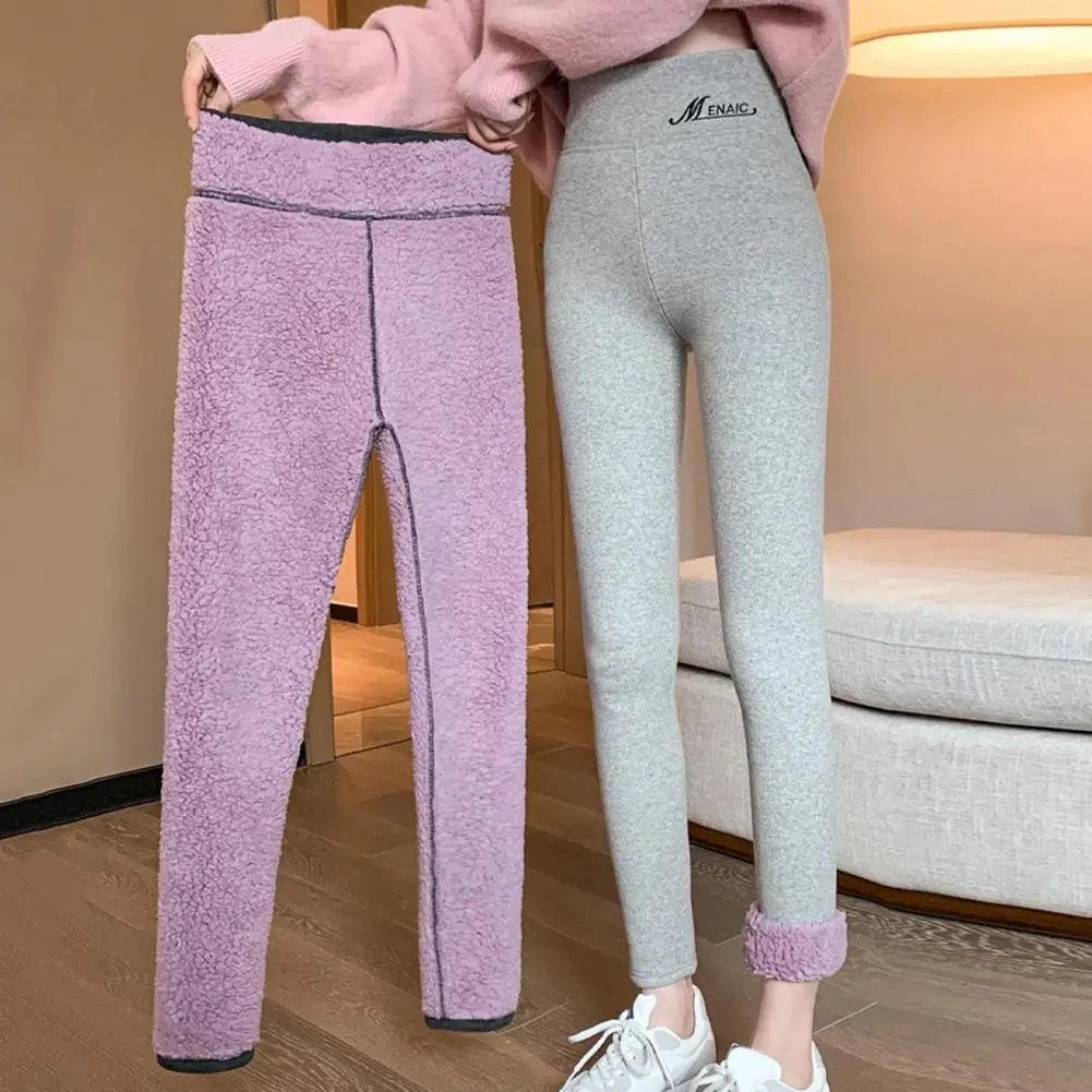 

Winter Warm Plush Pencil Pants High Waist Hip Lifting Control Tummy Letter Print Thickened Purple Fleece Lining Bottoming Pants