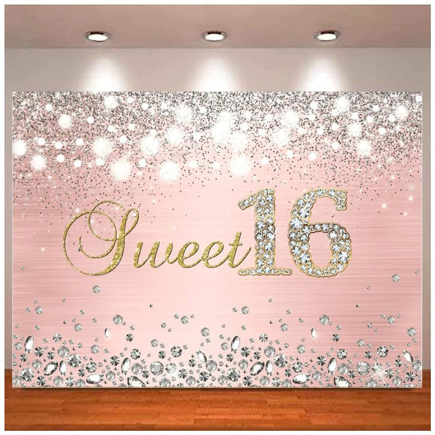 

Photography Backdrop Rose Gold Girl Sweet 16th Sixteen Birthday Party Background Bokeh Glitter Silver Diamonds And Pink Banner