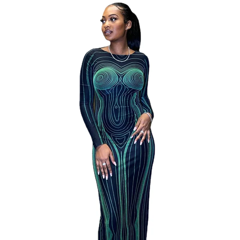 

LEOSD Dresses for Women Free Shipping Fashion Print Slim Long-sleeve Maxi Dresses Women Bodycon Casual Women Elegant Party Dress