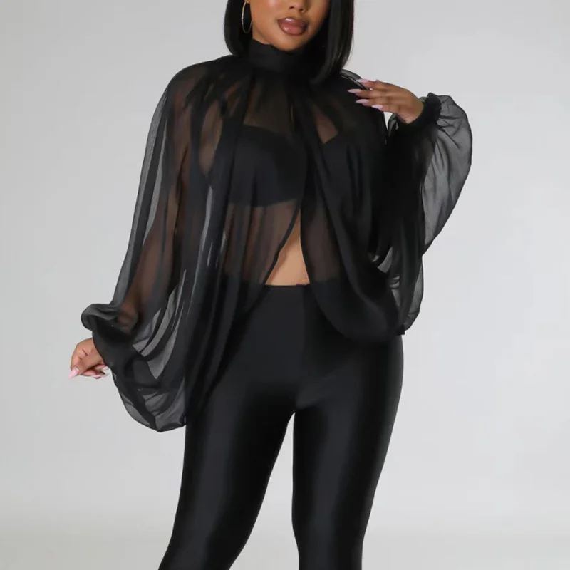 

Sexy Women Summer Blouses Tops Long Lantern Irregular Backless See Through Tops