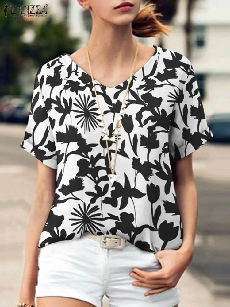 

Топ ZANZEA женский с цветочным принтом, туника с V-образным вырезом и коротким рукавом, блузка в богемном стиле, Повседневная Свободная Праздни...