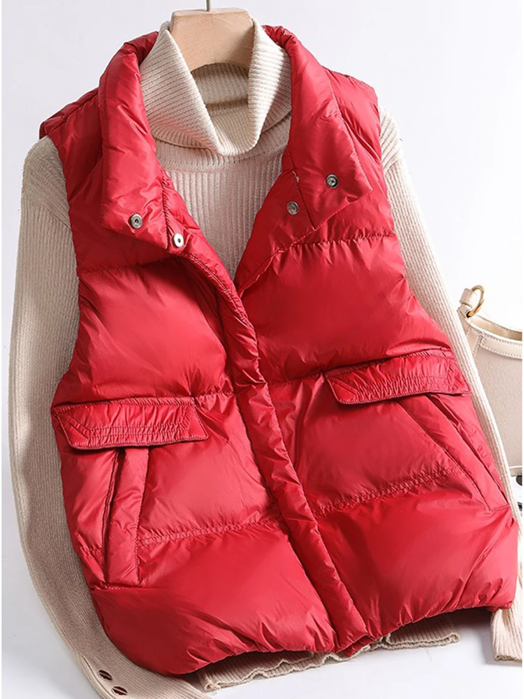New Autumn Winter Single Breasted White Duck Down Vest Women Casual Stand Collar Pockets Jacket Fashion Sleeveless Coat
