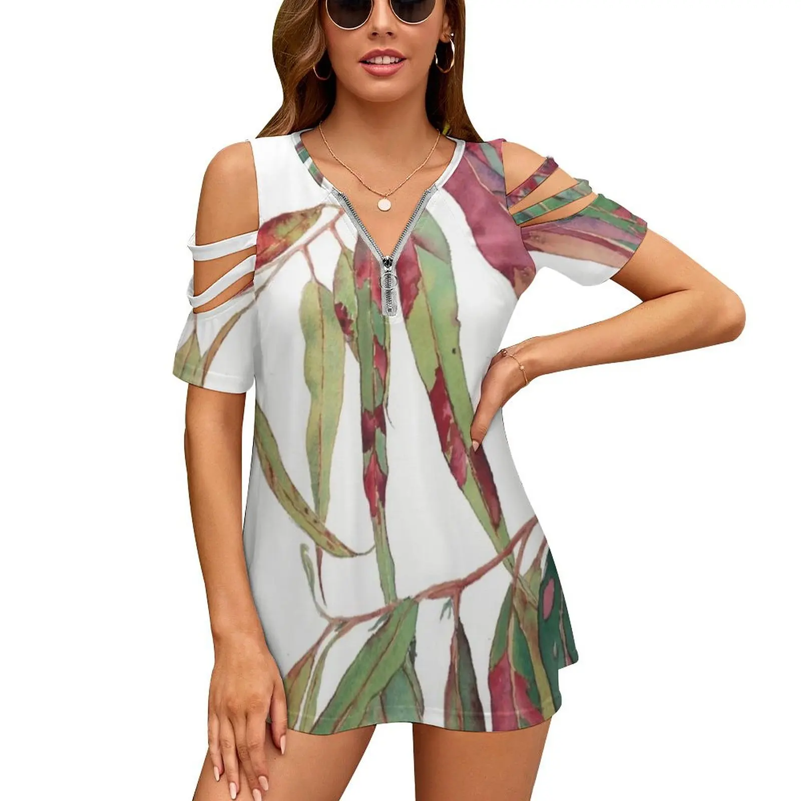 

Женская Винтажная футболка на молнии с принтом красно-акварелью и ветками эвкалипта