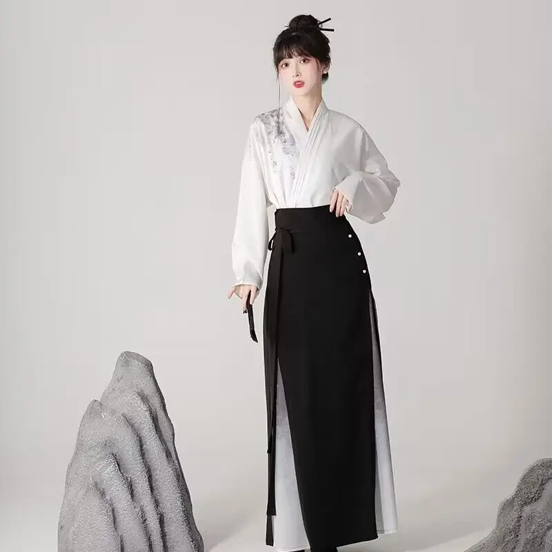 

Chinese Hanfu Dress 2pcs Improved Modern Style Traditional White&Black Cross Collar Long Sleeve Shirt+Skirt Sets Plus Size 2XL