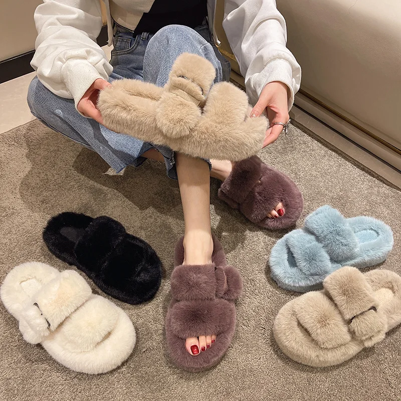Women Fur Slippers Platform Indoor Non Slip Rubber Sole Slides Buckle Decoration Fashion Girl Shoes Ladies Ytmtloy Flock Zapato