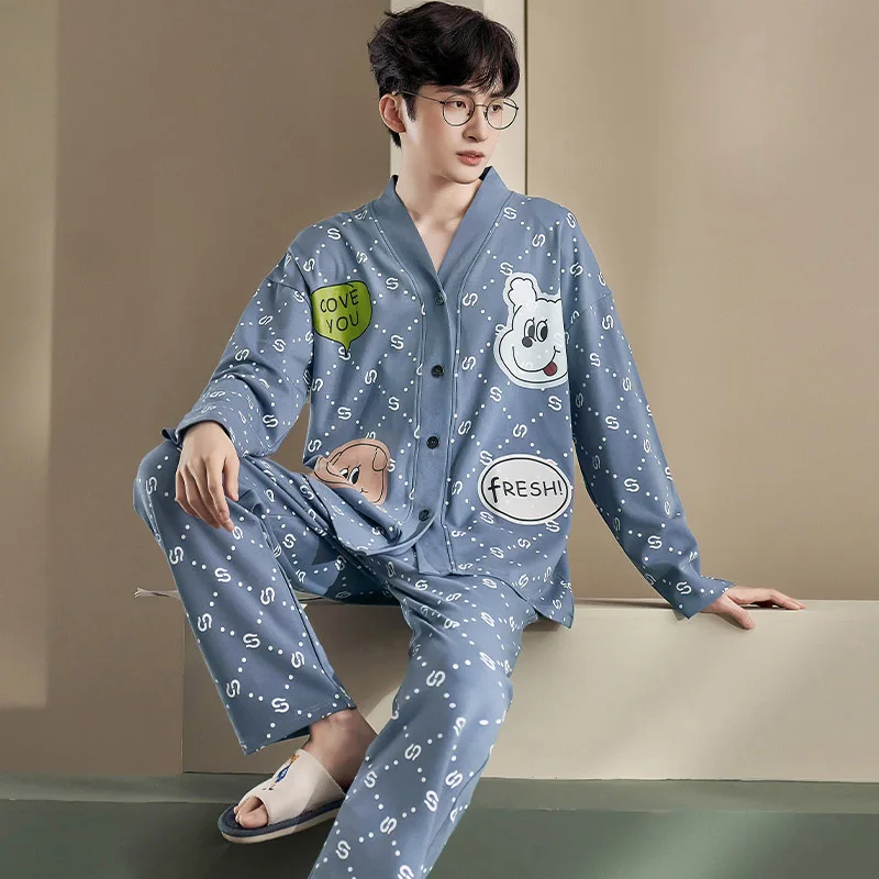 Men's suit pajamas, new spring and autumn days, long-sleeved cotton, high-grade home clothes, can be worn in large sizes