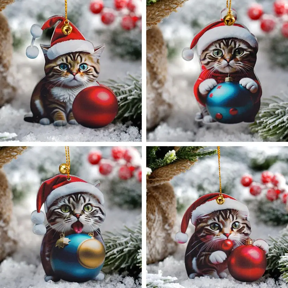 

Christmas Cute Cat Acrylic Pendants Christmas Tree Hanging Decoration Charm Santa Hat Car Packback Keychain Gift for Friend H9N5