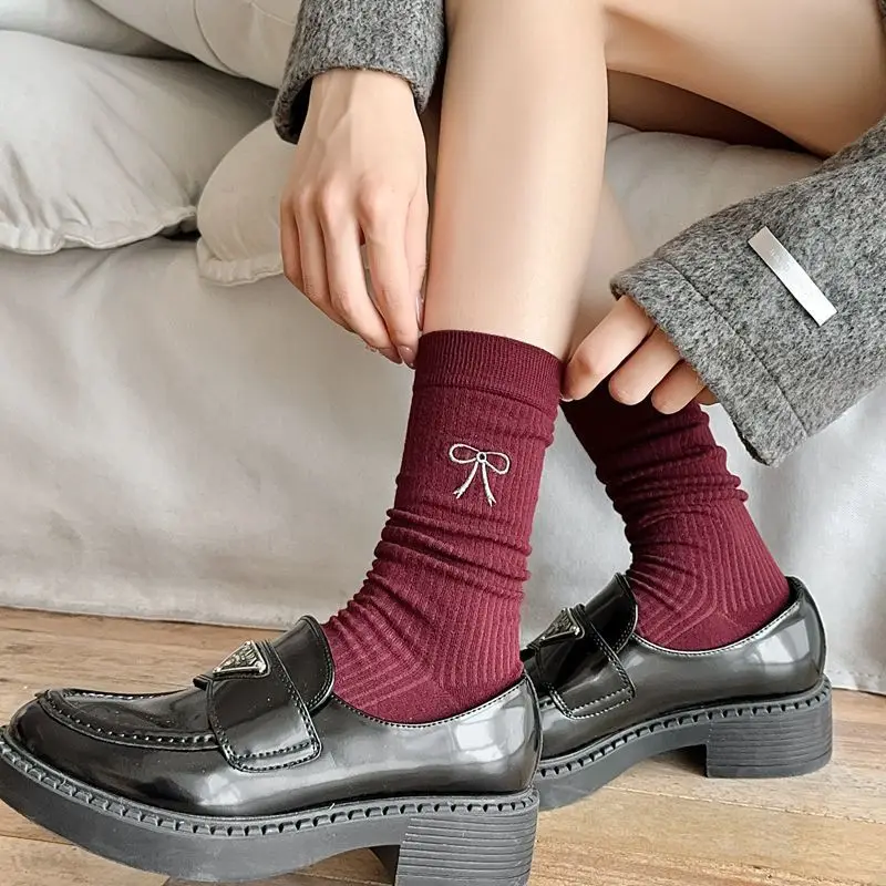 Красные Полосатые женские носки средней длины с бантом длинные носки-трубы серые