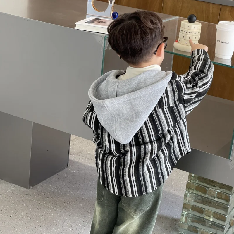Korean Winter Boys cotton-padded Hooded Coats Kids Thick Warm Vertical stripe Outerwear