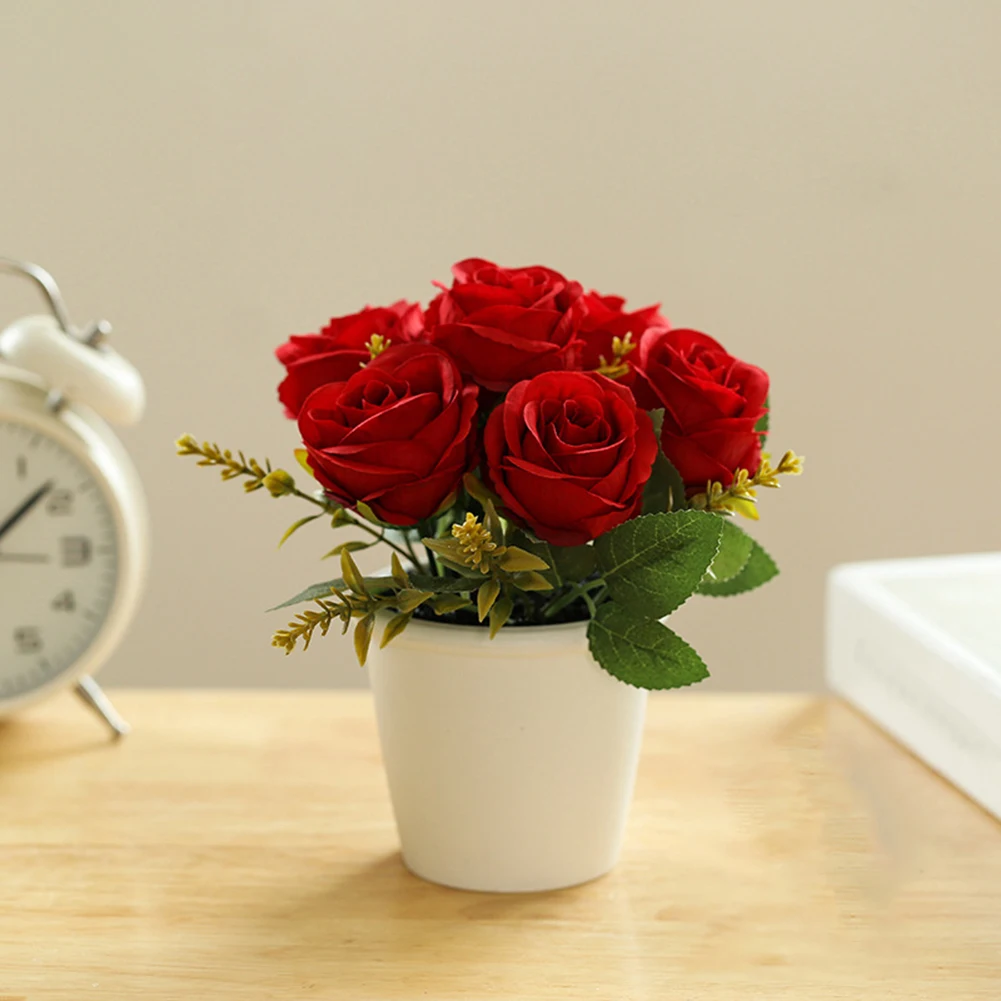

Artificial Rose Flowers Bonsai Small Flower Pot Rose Fake Potted For Wedding Party Decor Office Desktop Living Room Ornament