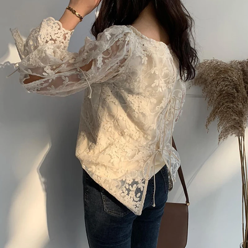 Женская кружевная блузка с вышивкой в Корейском стиле Повседневная элегантная