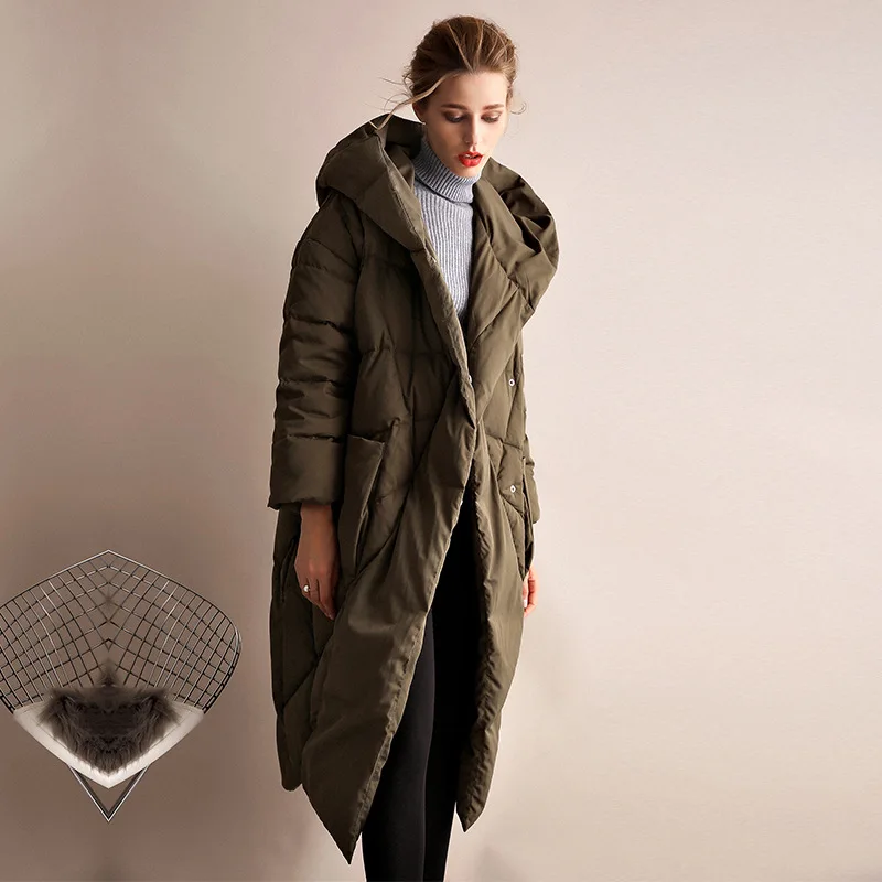 Women Down Jacket Winter Fashion Loose and Thickened 90 White Duck Down Medium Length Hooded Coat