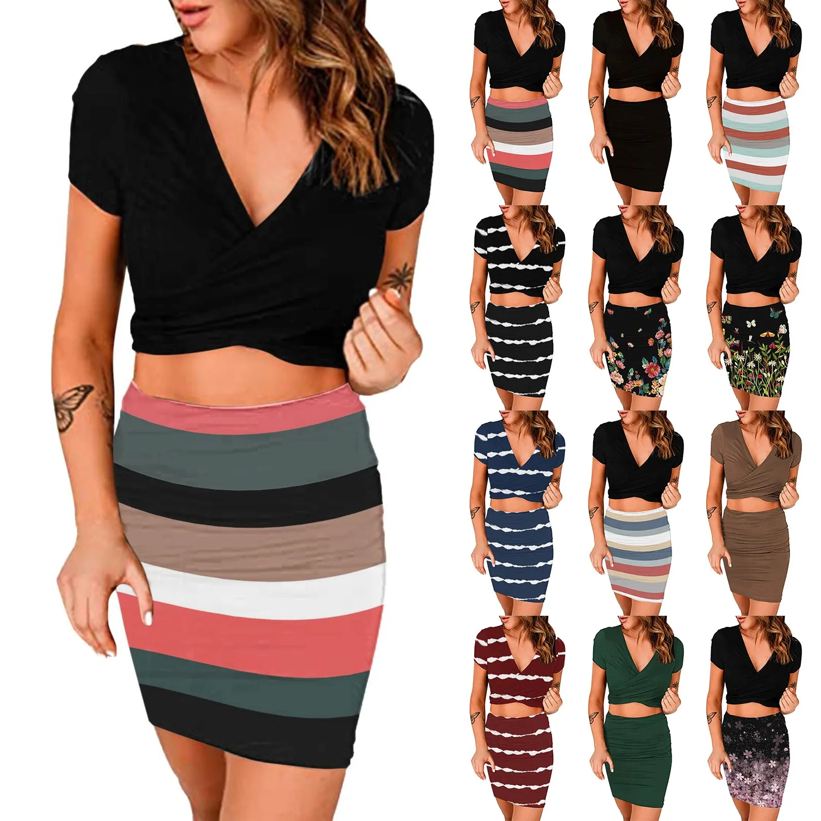 

2022 Summer Women Two Pieces Sets Sexy Strap Top Camisole+ Elastic Waist Short Skirt Sets Ladies Korean Ol Two Piece Suits