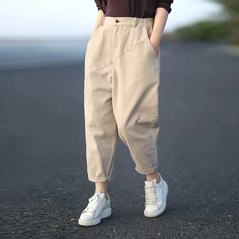 Женские свободные брюки до щиколотки, универсальные повседневные хлопковые однотонные шаровары в декоративном стиле с эластичным поясом, весна-осень 2023, C807