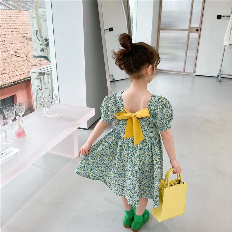 

Floral Dress 2022 Summer Rural Cotton Bubble Sleeve Bowknot Temperament Princess Children Clothing Little Girls Elegant Kids