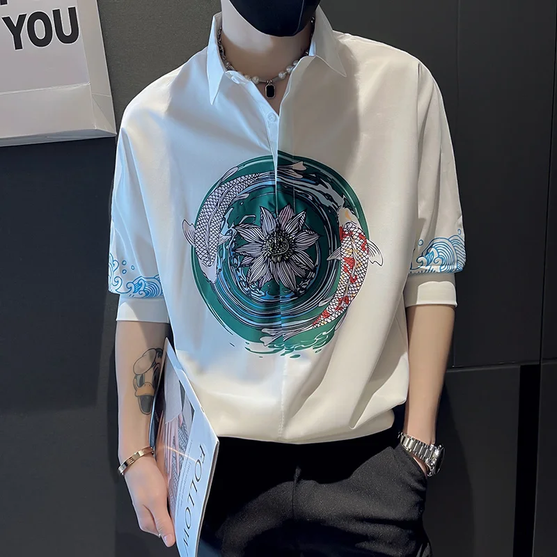 Summer Vintage Print Men Pullover Shirts Men Half Sleeve Loose Casual Shirt Streetwear Social Party Tuxedo Blouse Men Clothing